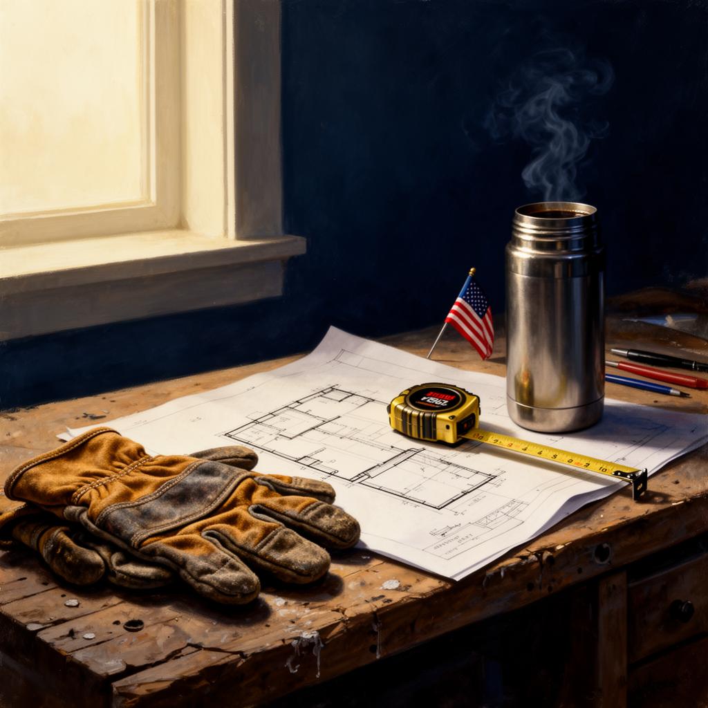 Atmospheric still life of a contractor's workbench at dawn — gloves, blueprint, brass tape, steaming thermos