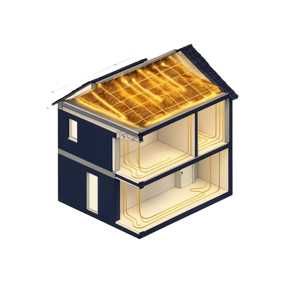 Architectural cross-section of a home highlighting the insulated attic envelope in warm gold