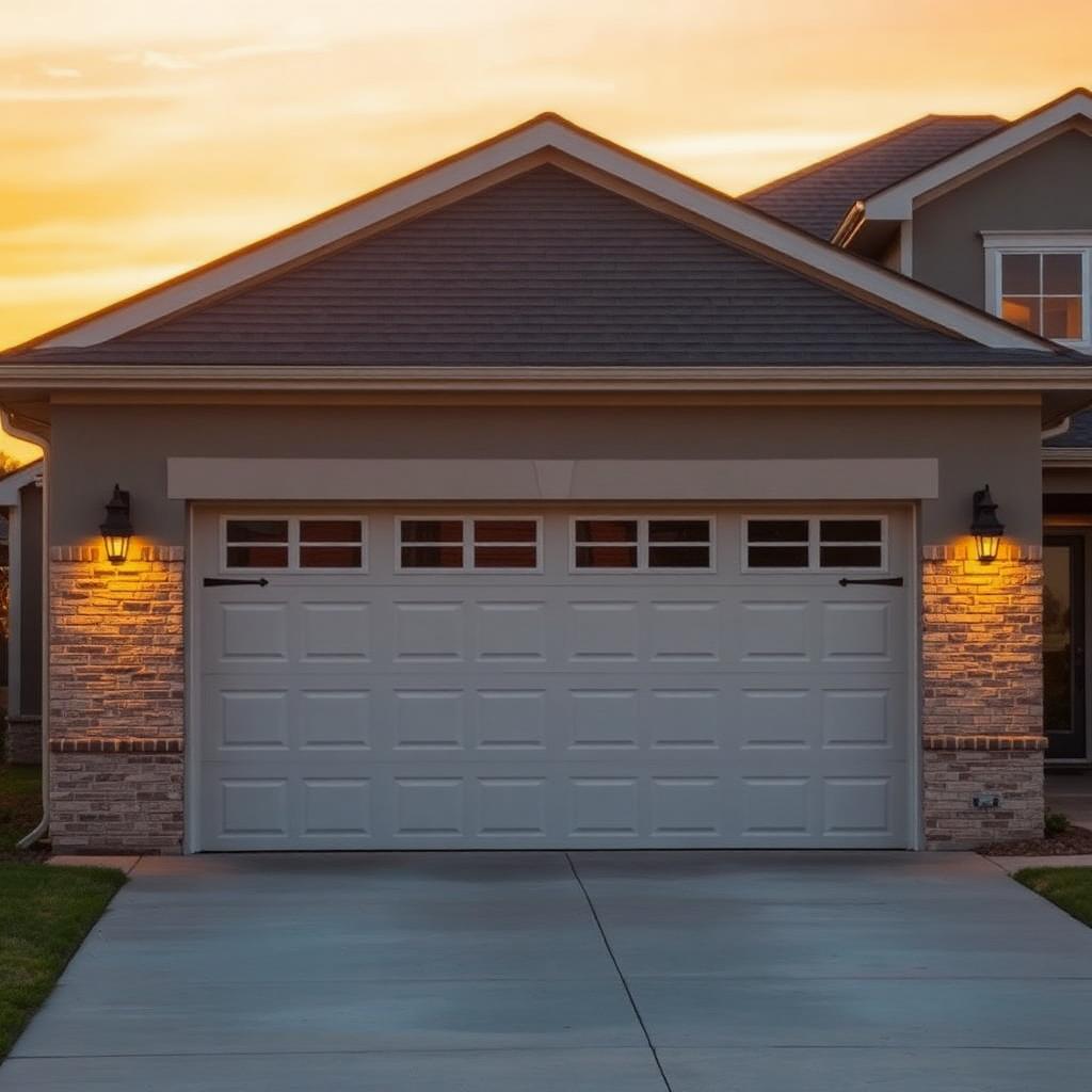 Newly installed insulated residential garage door at golden hour