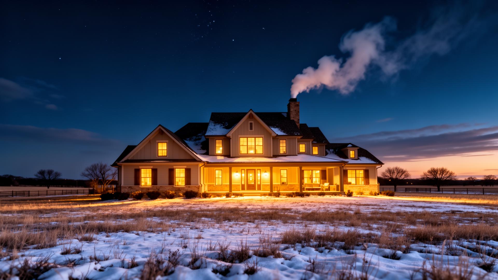 Warm Oklahoma farmhouse glowing at dusk — a tightly insulated thermal envelope